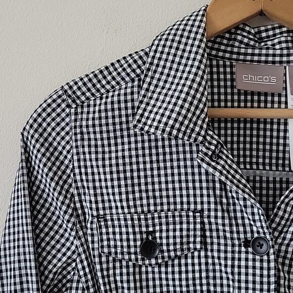 Chico's Black White Gingham Button Front 3/4 Sleeve Shirt Size Small/4 - Picture 2 of 8